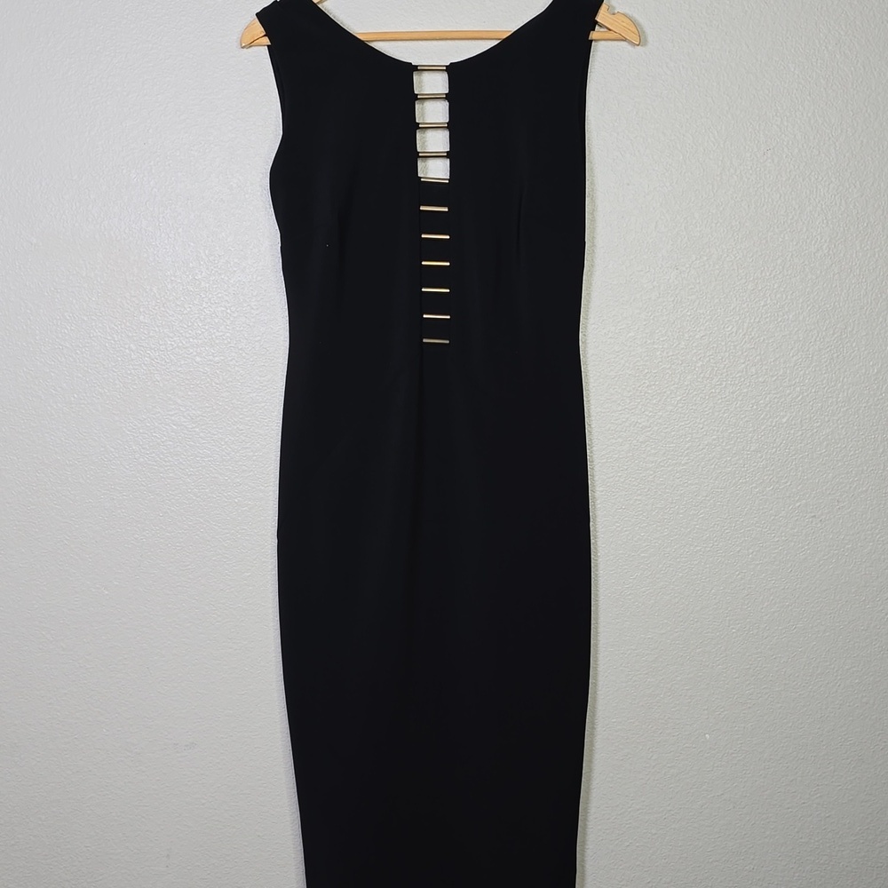 Joseph Ribkoff 6 Black Midi Sheath Dress with Gold Metal Back And Side Accents.